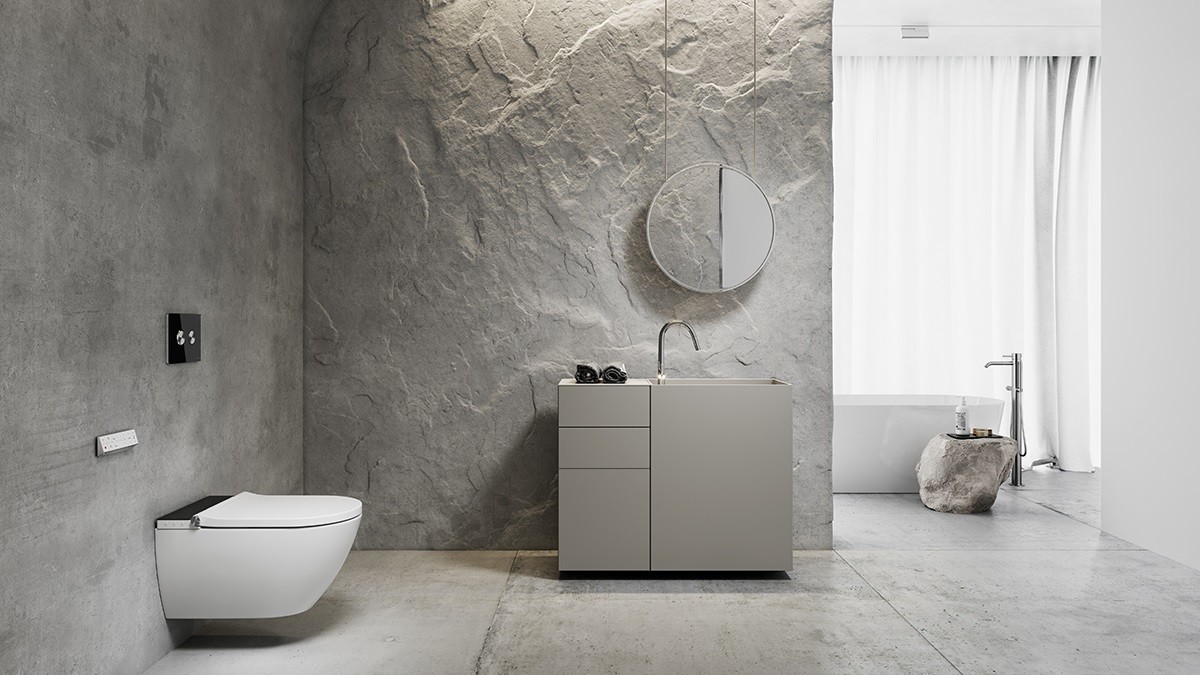 Toaleta myjąca GENERA Square z czarnym panelem salonie urządzonym w sytlu minimalistycznym