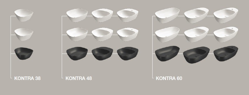 Variety of shapes, colors and variants of KONTRA countertop washbasins